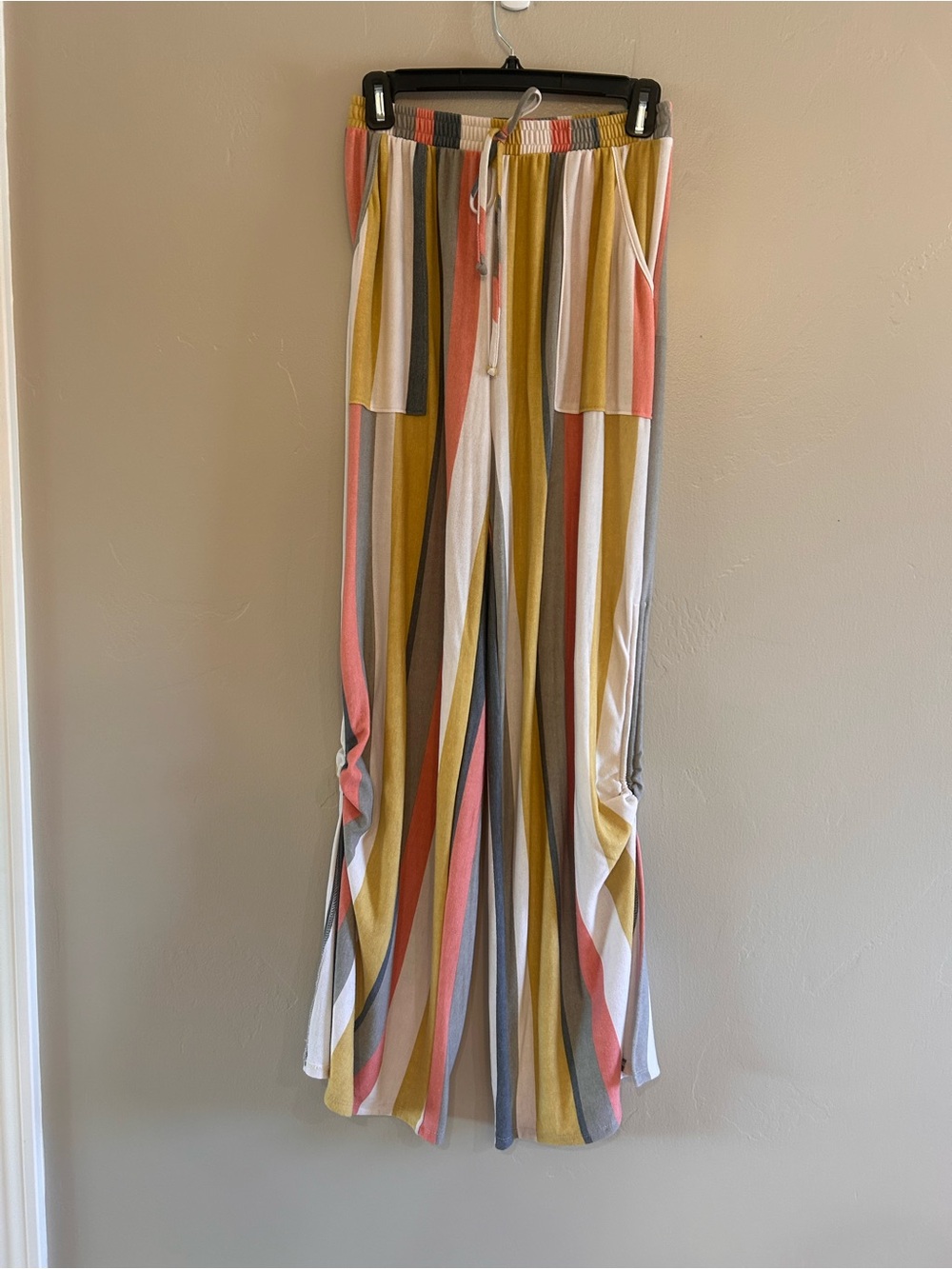 Hem & Thread Multi-Stripe Wide-Leg Drawstring Pants in Mustard, Coral & Gray